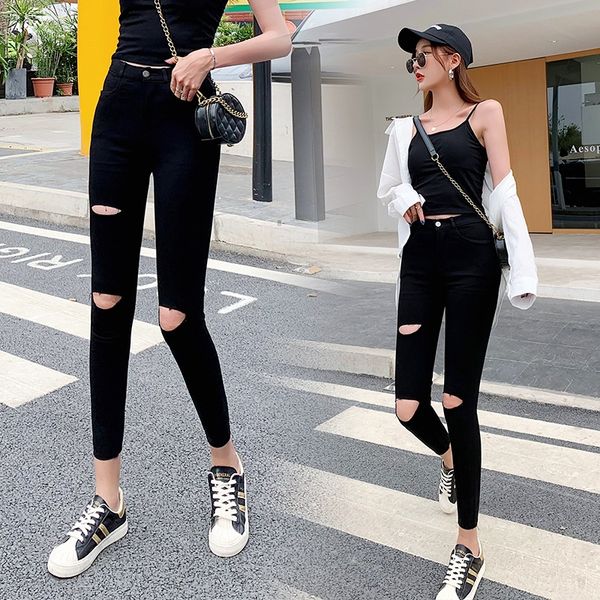 

2020 summer new pierced ankle-length tight trousers tight pants women's all-match stretch comfortable leggings black slimming pants