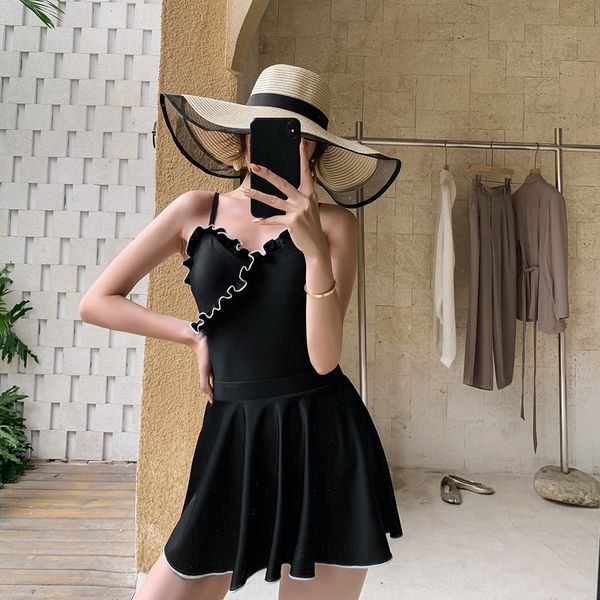 

2020 new one-piece women's korean style swimsuit slimming skirt two-piece white edge backless solid color swimsuit, White;black