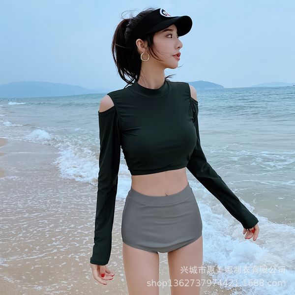 

ins 2020 new style swimsuit womens spot long-sleeved split high waist boxer swimsuit holiday one-piece sale, White;black