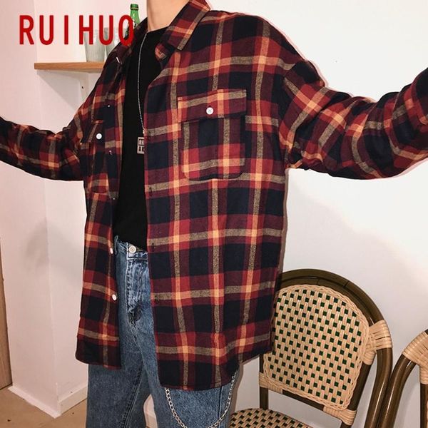

ruihuo plaid shirt men checkered shirt cotton white blouse korean clothes streetwear 2020 new arrival -5xl, White;black