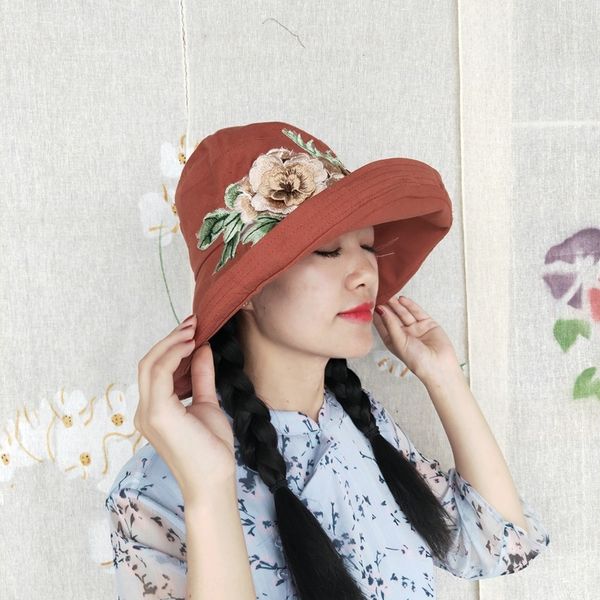 

zjaio korean style summer new fashion fashion large eaves fisherman national style embroidered sun bucket bucket embroidered fisherman hat w, Blue;gray