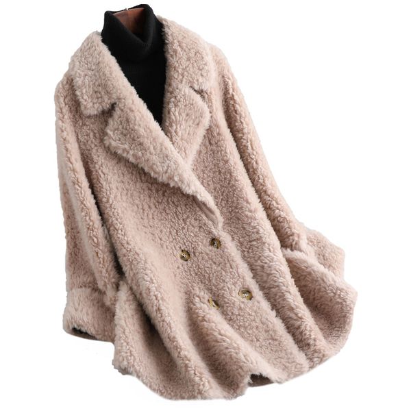 

women's fur & faux genuine wool blend coat jacket winter women outerwear overcoat lf2101, Black