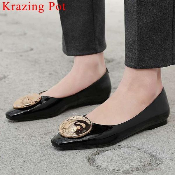 

krazing pot hand-sewn leather genuine leather metal decoration loafers slip on ballet shoes vintage square toe grandma shoes l25, Black