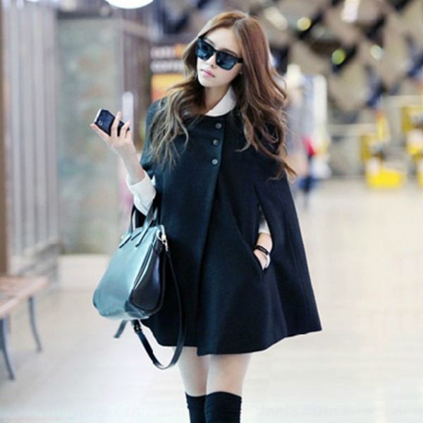 

2020 women's korean large size mid-length woolen cloak cloak coat black loose shawl coat