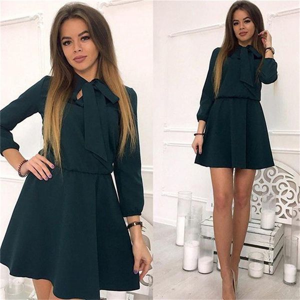 

2020 summer causal long sleeve dress femme vetidos womens elastic waist dress solid color summer bow knot a line mini dress, Black;gray