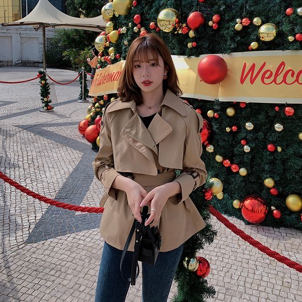 

chic windbreaker coat khaki windbreaker women's short 2020 autumn new small waist slimming temperament british coat fashion, Tan;black