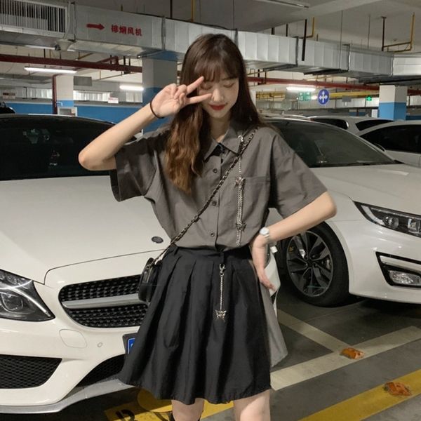 

7tarp 2020 новый корейский стиль дизайна нишу моды костюм короткий рубашка плиссированные юбки рукав рубашки плиссированные юбки студент два, Gray