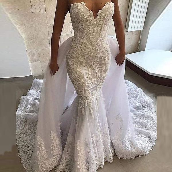 

2020 arabic aso ebi vintage lace beaded wedding dresses with detachable train sweetheart mermaid bridal gown vestidos de novia, White