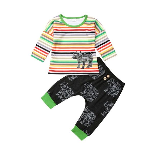 

0-24m newborn baby boy girl long sleeve striped t-shirt long pant trouser 2pcs spring autumn baby clothing set, White