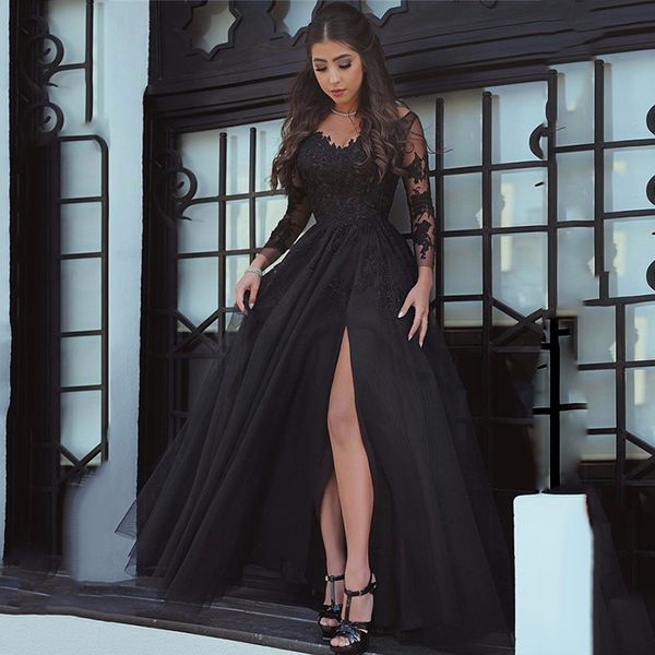 

party dresses slit black prom lace long sleeve elegant formal evening gowns for woman vestidos de gala, White;black