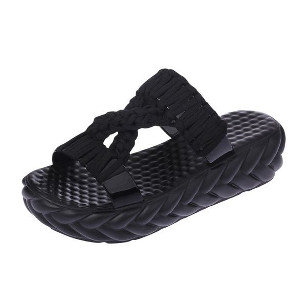 

летние ручной вязки женские сандалии шерсть, плоский носок обуви, Black