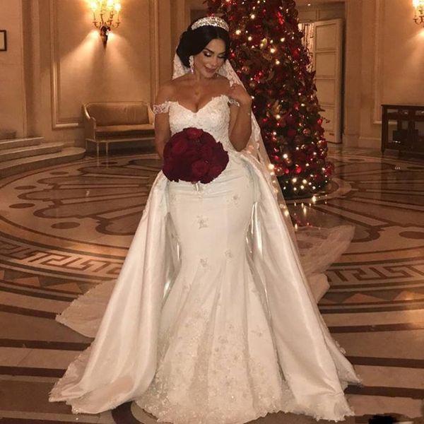 

plus size elegant off shoulder mermaid wedding dresses with detachable train white lace appliqued satin african bridal gown