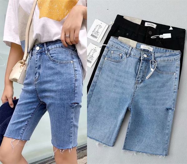 

ins 2019 summer new european and american style high waist elastic washed side cut cool denim pants womens five pants sale, Blue