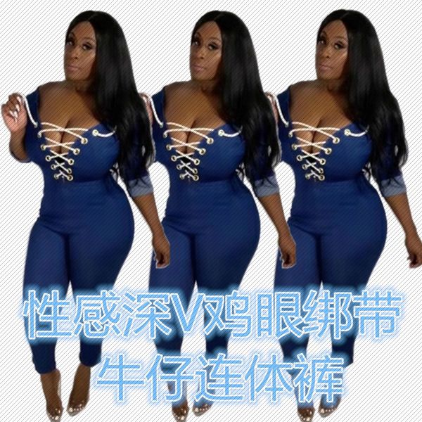 

h8902 stand amazon deep v strap back zip denim jumpsuit, Gray