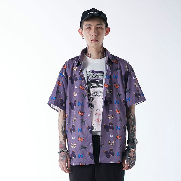 

original fashion printed butterfly loose student fashion brand shirt street hip-hop couple wear casual men's short-sleeved shirt, White;black