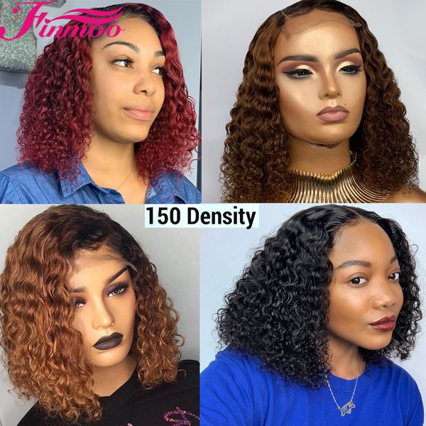 

150 density 1b 99j burgundy curly bob lace front human hair wigs brazilian remy ombre honey blonde brown short human hair wigs, Black