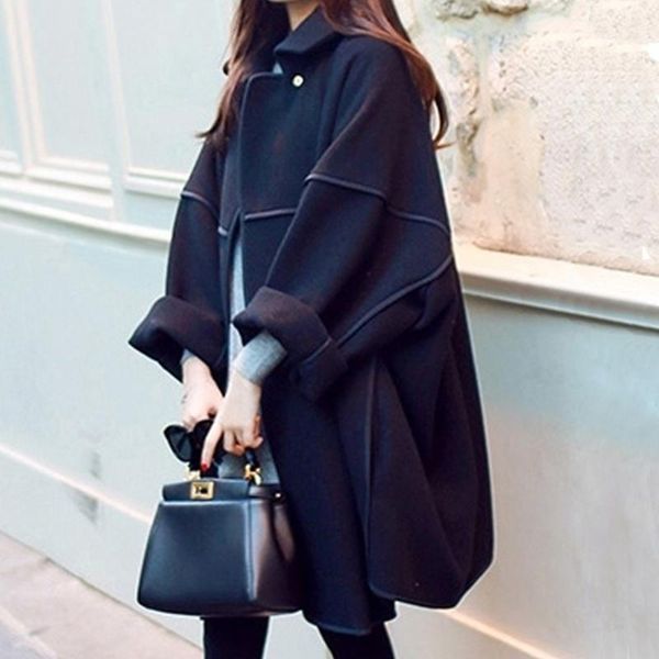 

women's wool & blends loose woolen coat for women korean style mid-length windbreaker 2021 autumn winter trench, Black