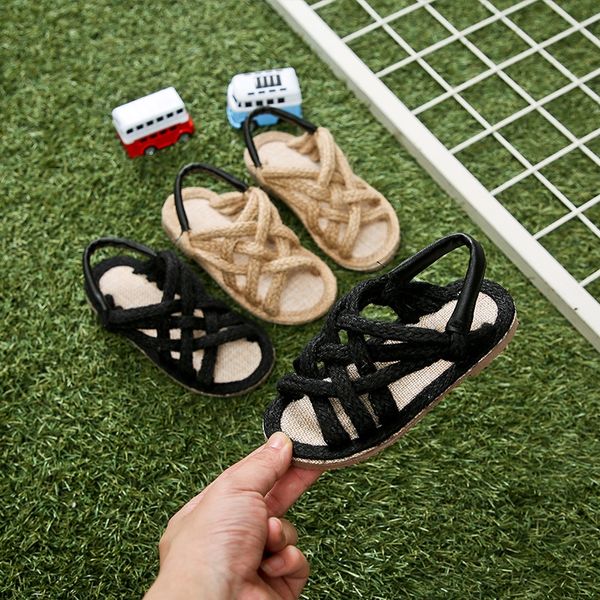 

hv2cf 2019ins children's net red hemp rope and hemp rope woven sandals for boys and girls anti-skid soft bottom sandals fisherman shoes, Black;red