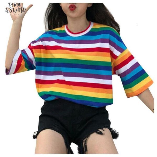 

new t shirt women rainbow striped harajuku tshirt 2020summer short sleeve korean punk t shirt camiseta feminina, White