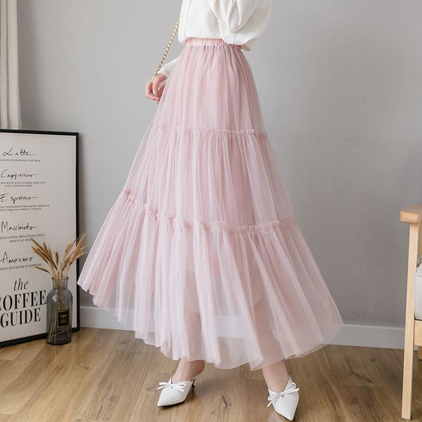 

fairy boho layered tulle mid calf long gauze skirt women beaded tassels patchwork a-line mesh long skirts pink ivory gray, Black