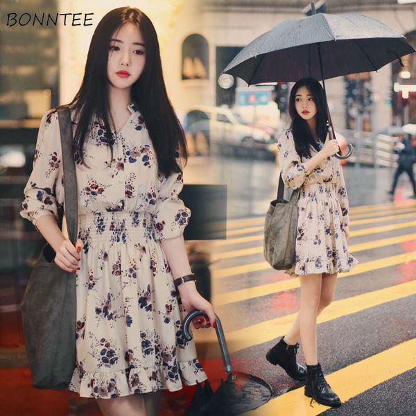 

dress women printed korean style retro all-match chiffon ruffles leisure womens a-line clothing long sleeve female v-neck female, Black;gray