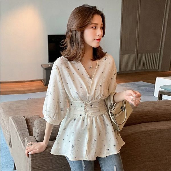 

2020 summer new korean style v-neck waist-closed middle sleeve chiffon women's ins small versatile shirt white shirt
