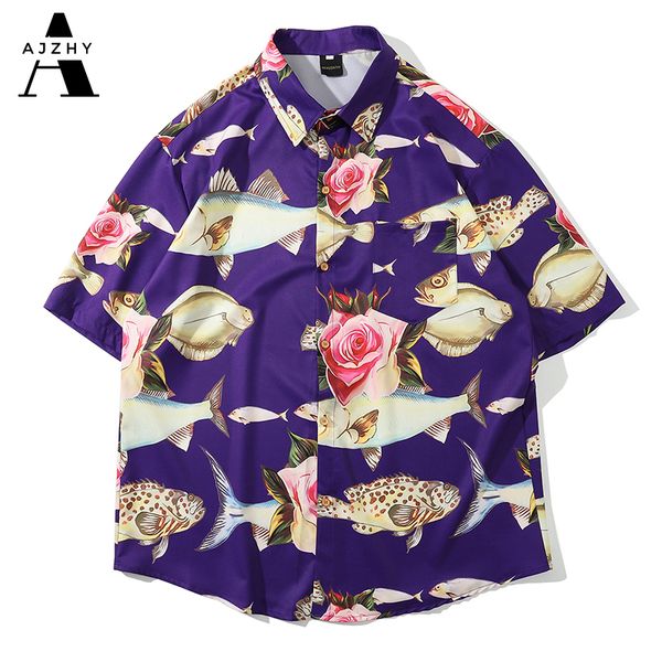 

hawaiian shirts streetwear hip hop harajuku casual tropical beach fish rose print short sleeve shirt men summer fashion male, White;black
