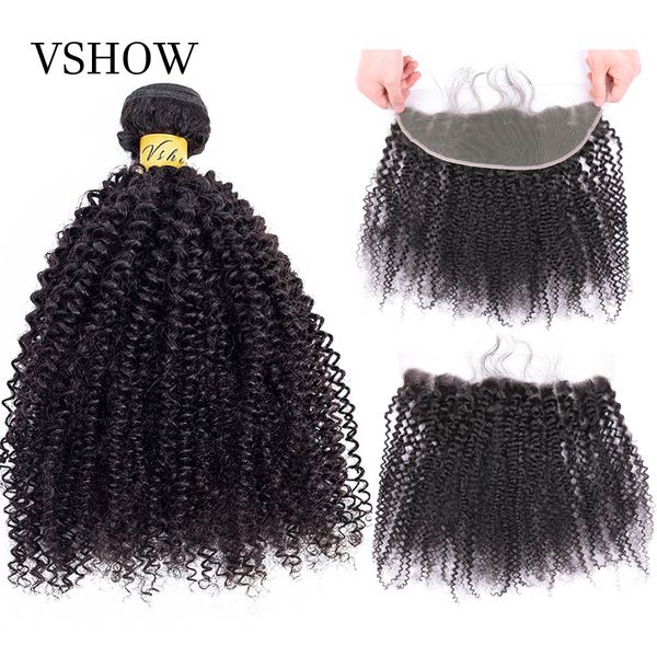 

afro kinky curly bundles with closure 13x4 vshow 100% remy human hair weave mongolian afro kinky curly hair bundles with frontal, Black