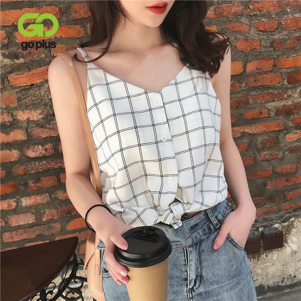 

women's tanks & camis goplus 2021 strap plaid print tank women v neck elegant buttons vest casual korea streetwear camisole female, White