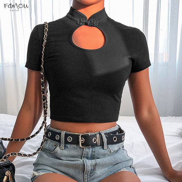 

us warehouse dark system vintage fashion women solid turtleneck short sleeve hollow out crop tee shirt women camisetas mujer, White