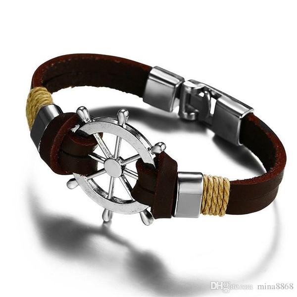 

new arrival stainless steel rudder charms bracelet bangle brown black color genuine leather bracelets for men jewelry wholesale, Golden;silver