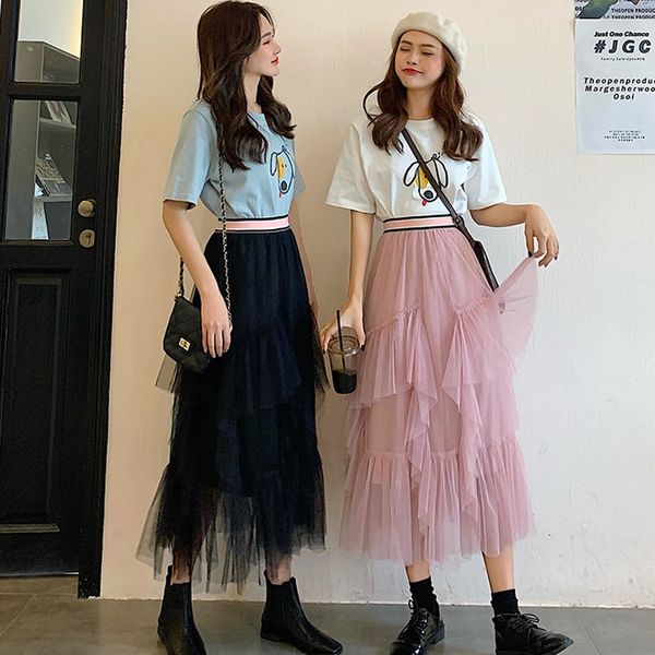 

2020 spring and autumn new fairy mesh a- a- line skirt high waist slimming all-match a- line dress student skirt children, Black