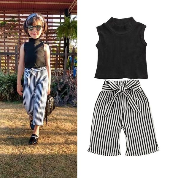 

baby girls sleeveless two piece suit fashion ribbed pullover vest and stripe waist lace up long pants, White