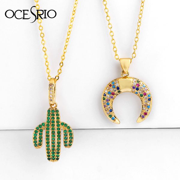 

ocesrio cz rainbow necklace woman long chain cactus horn crescent zirconia stone pendant necklace women jewelry nke-p27, Silver