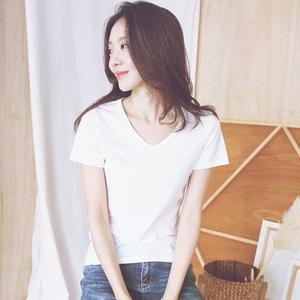 

женские с длинными рукавами с сплошным цветом v-образным вырезом хлопка высокой эластичностью и футболкой футболкой качества хорошего, White