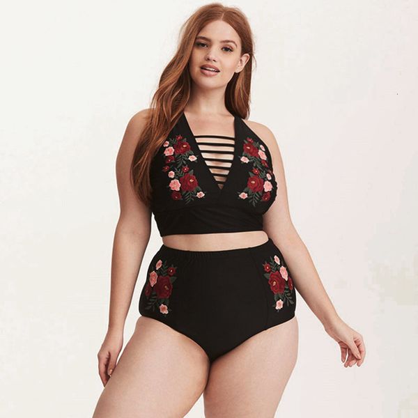 

embroidery print female swimsuit push up women bikini big breast high waist beachwear bathing suit biquini plus size 5xl, White;black