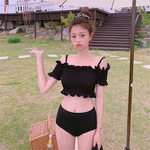 

korean ins black bikini women's bikini slimming small chest gathered one-shoulder split swimsuit holiday swimsuit