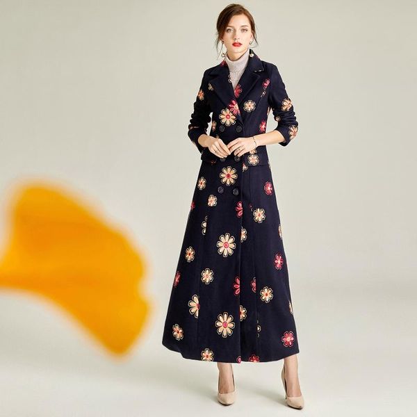 

2020 new autumn winter women wool coat floral embroidery fashionable woolen jackets lapel double breasted thick female overcoat, Black