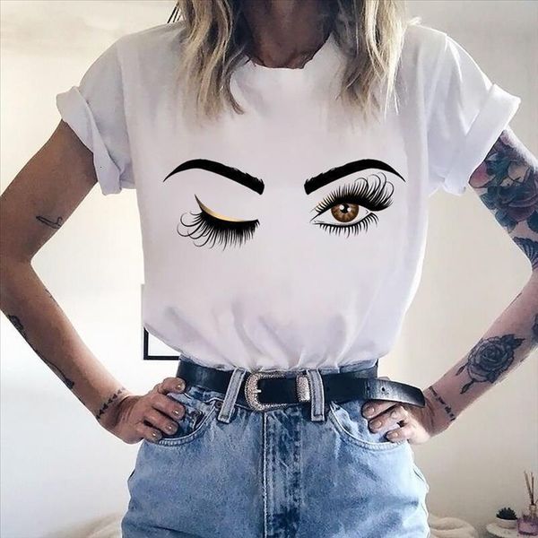 

pink eyelashes print art t shirt women princess makeup graphic tee personality hipster summer woman tumblr art tshirt streetwear, White