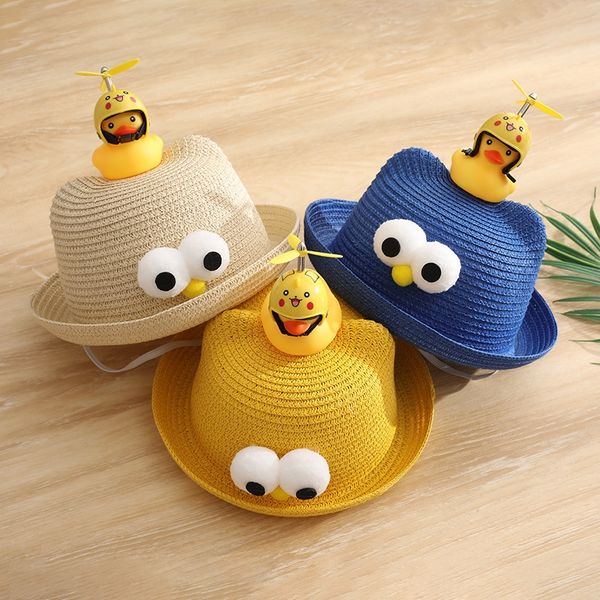 

cbdo1 children's little yellow duck bamboo dragonfly helmet cute super cute straw male cap sunshade cap sun sun hat and female baby sun, Blue;gray