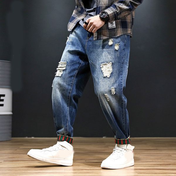 

2020 summer men's jeans ripped streetwear casual harem pants loose trousers plus size 0ld design trend fashion beam trousers, Blue