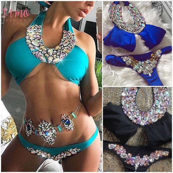

2020 new style fashion women bikini set crystal bandage push up swimwear bathing swimsuit, White;black