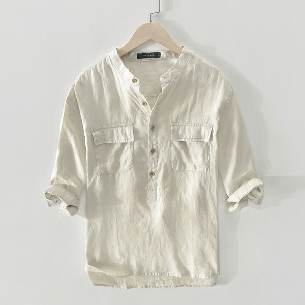 

men's casual shirts pure linen shirt half-sleeve breathable big pocket pullover thin, White;black