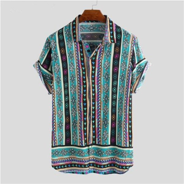 

men shirt ethnic style print men casual shirt lapel neck streetwear short sleeve 2020 loose tropical hawaiian, White;black