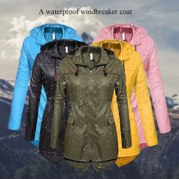 

women's waterproof windbreaker solid color zipper hoodies waterproof jacket slim raincoat, Black;red