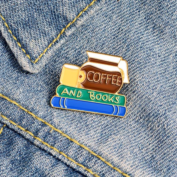 Cute coffe and books letter Small Funny Enamel Brooches Pins for Women Demin Shirt Decor Brooch Pin Metal Kawaii Badge Fashion Jewelry