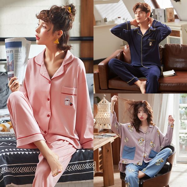 

пара корейски отворотом женские пижамы пижамы осенью и зимой длинный рукав хлопка домашней одежды кардиган мужской домашней одежды набор, Blue;red