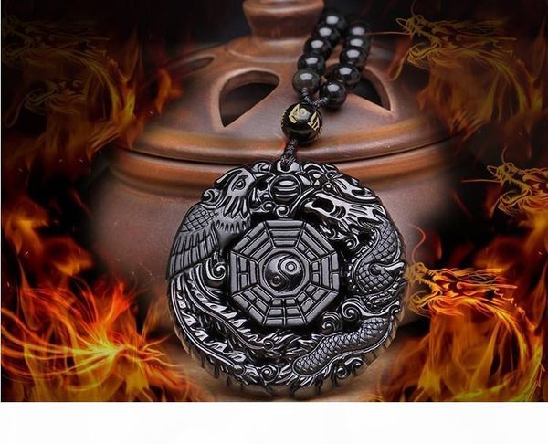 

drop shipping black obsidian carving dragon and phoenix necklace pendant obsidian lucky pendants, Silver
