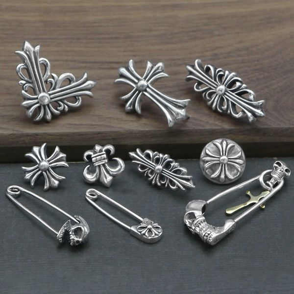 

925 sterling shawl silver cross pin suit brooch bag leather collar cuff buckle skull shawl pin silver punk
