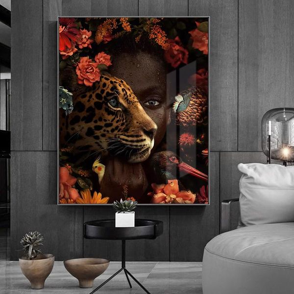 

African Art Black Woman Tiger Rose Bird Oil Painting on Canvas Cuadros Posters and Prints Wall Art Picture for Living Room Decor